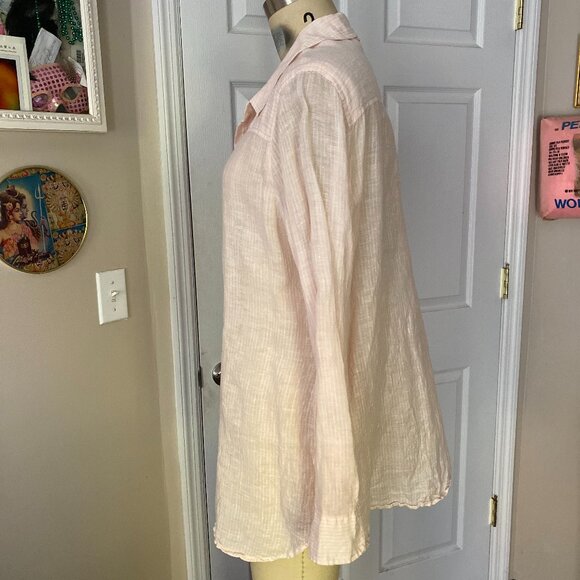 LUCKY BRAND Pink White Pin Stripe 100% LINEN Long Tunic Shit *MEDIUM* - Picture 4 of 6